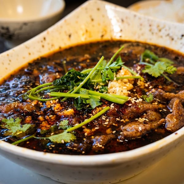 Bowl of dark, spicy broth with tender meat, sesame seeds, chili oil, and fresh cilantro on a restaurant table.