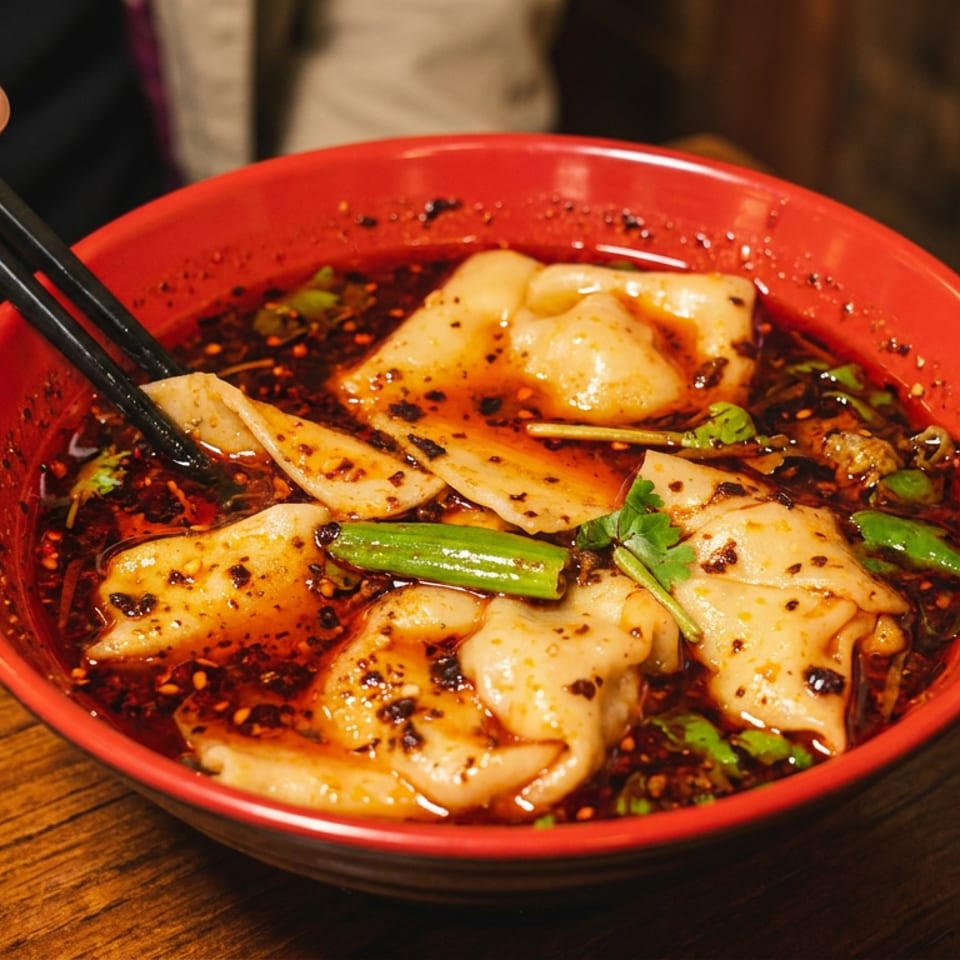 Red bowl of dumplings in spicy chili oil, garnished with scallions and cilantro, with chopsticks lifting one dumpling.