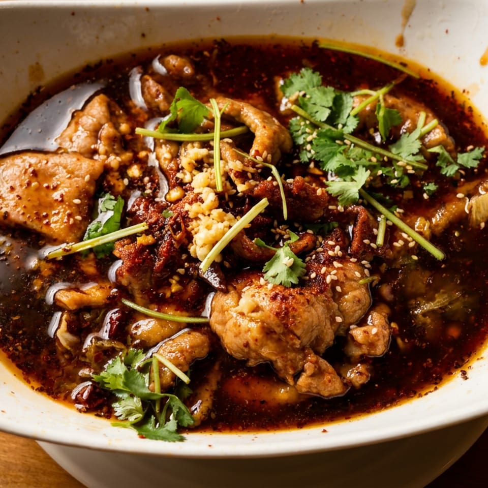 Bowl of tender meat in dark spicy sauce, garnished with cilantro, sesame seeds, crushed peanuts, and scallions.