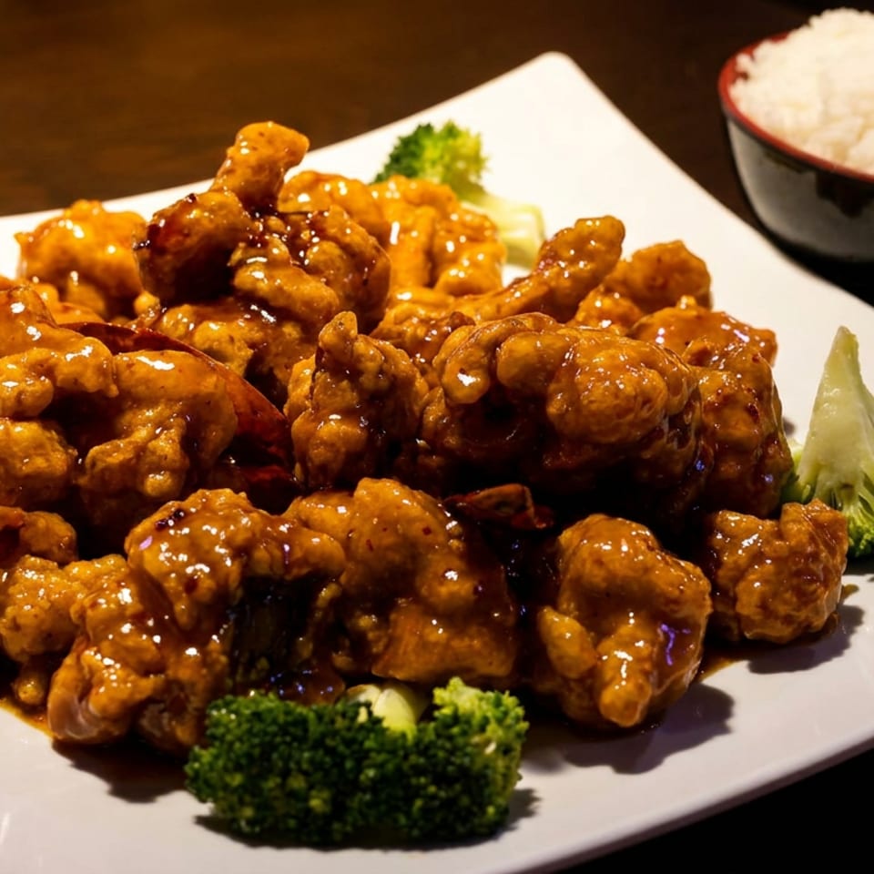 Glazed golden-brown chicken pieces piled on a white plate with broccoli, accompanied by a bowl of steamed white rice.