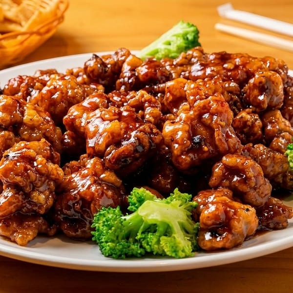 Plate of glossy saucy fried chicken pieces garnished with broccoli, chopsticks, and a basket of crackers on a wooden table.