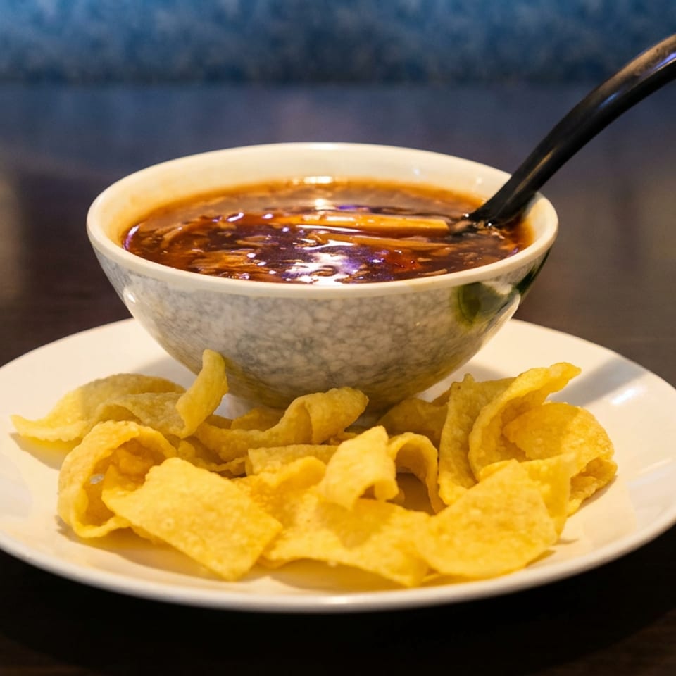 Bowl of savory soup with a black spoon, surrounded by crispy golden wonton strips on a white plate.
