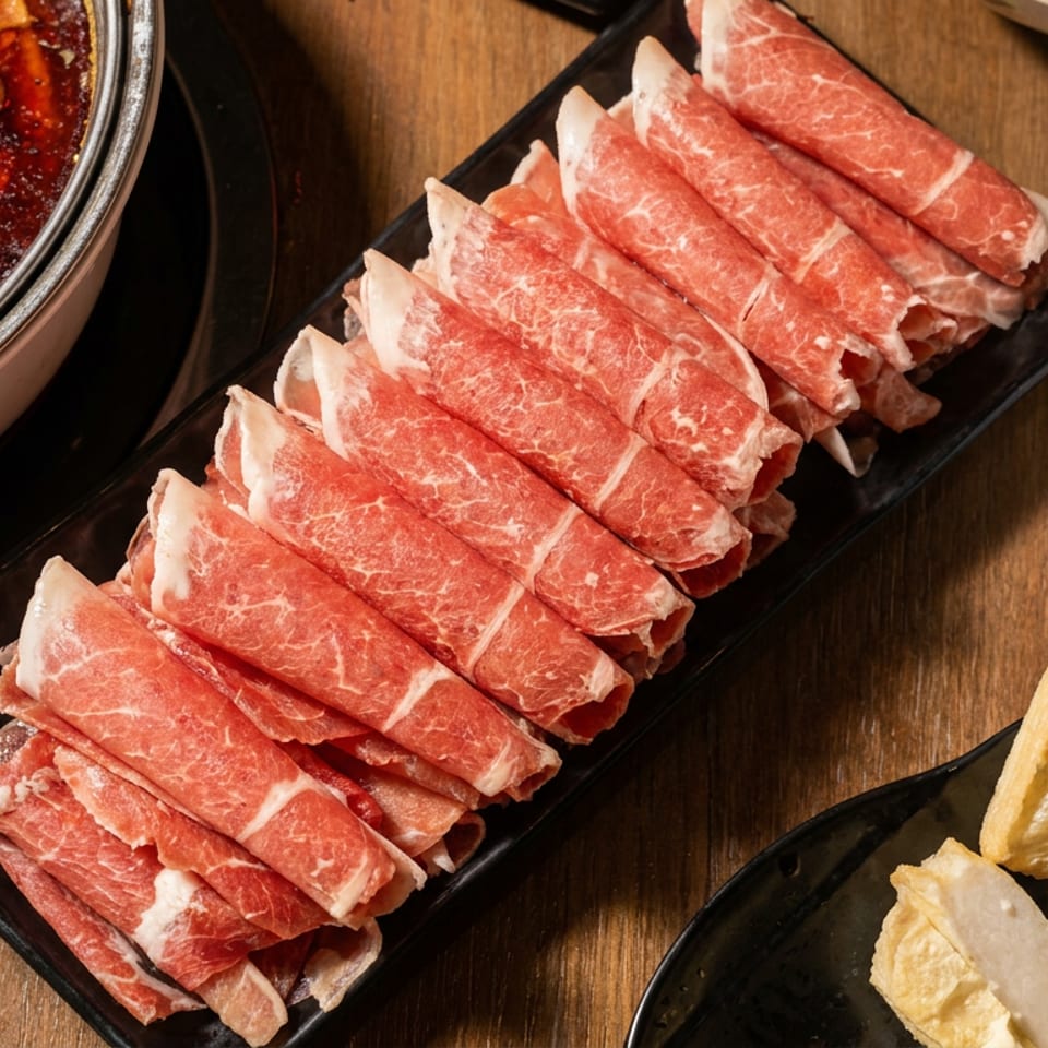 Thinly sliced marbled beef arranged on a black platter beside spicy hot pot broth and tofu slices.