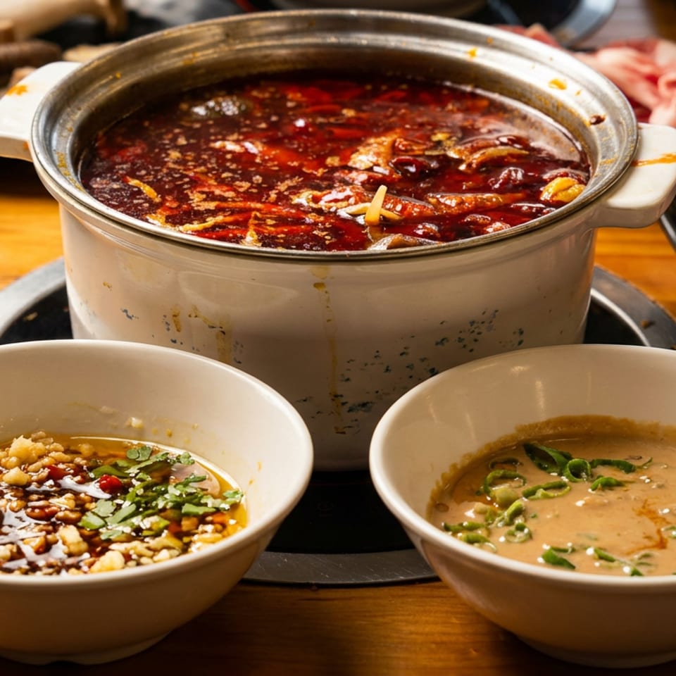 Spicy red hot pot surrounded by dipping sauces, sliced raw meat, mushrooms, and rice on a restaurant table.
