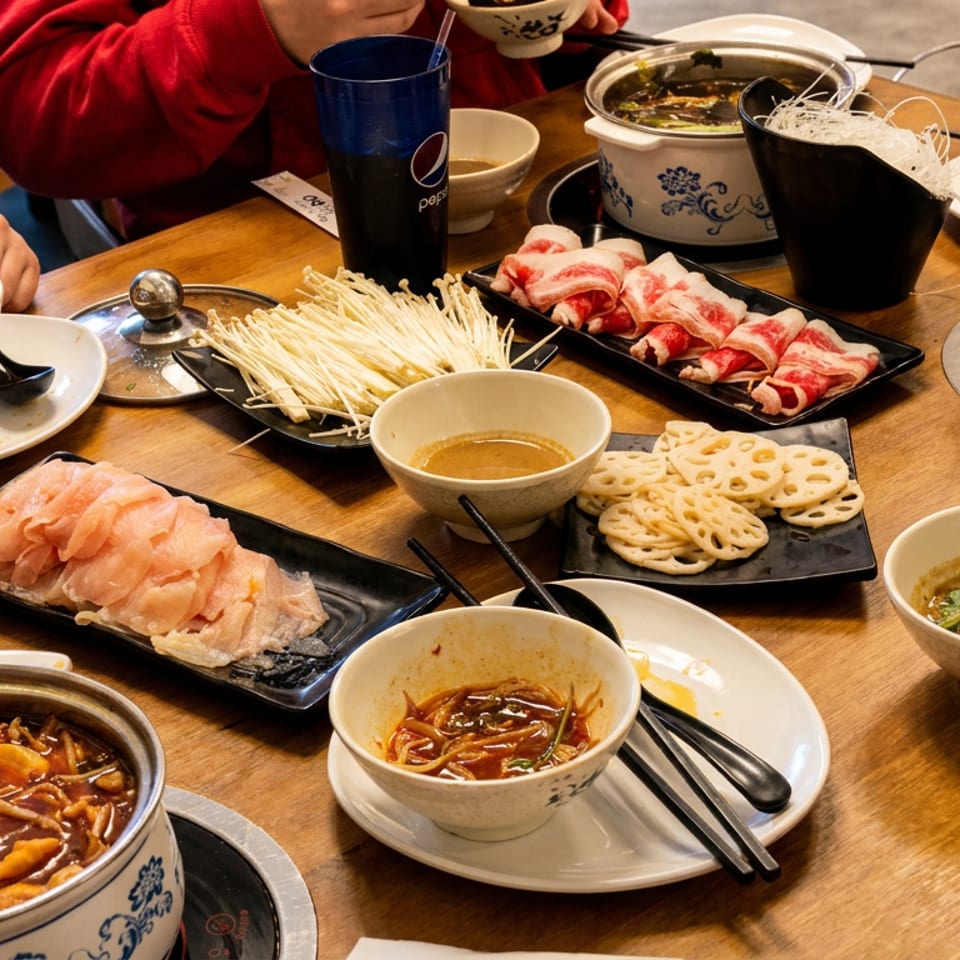 Chinese hot pot meal with bubbling broths, sliced meats, vegetables, dipping sauces, and diners gathered around a wooden table.
